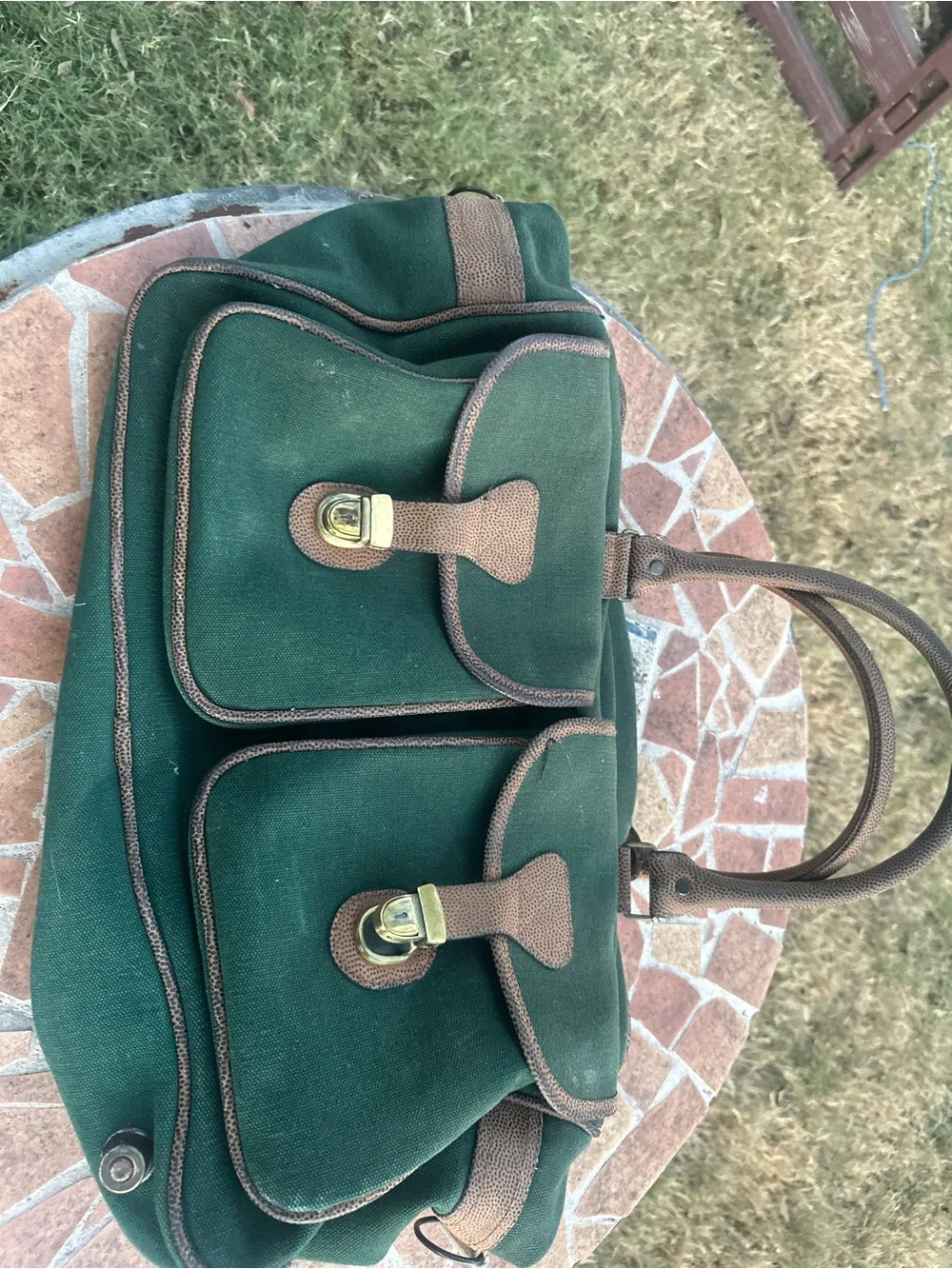 Vintage Green Canvas Tote Bag with Brown Trim